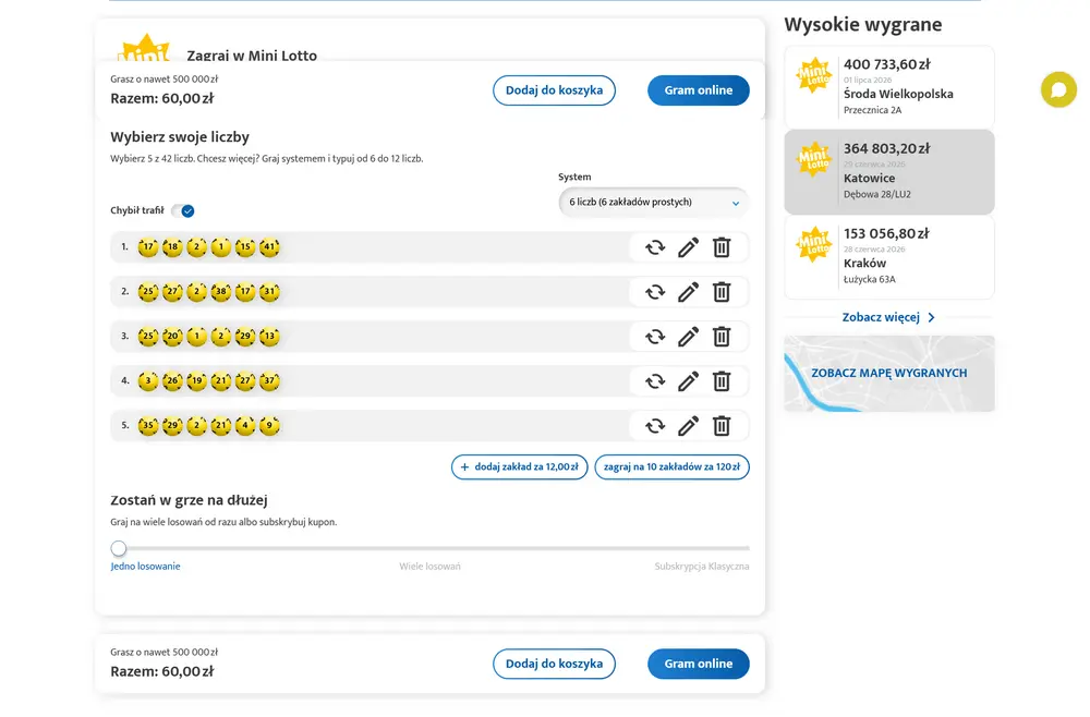 Panel zakupu kuponu Mini Lotto online z wyborem liczb i przyciskiem Gram online