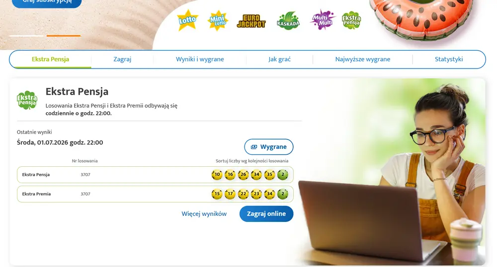 Strona Ekstra Pensji w serwisie LOTTO online z wynikami losowania i przyciskiem Zagraj online