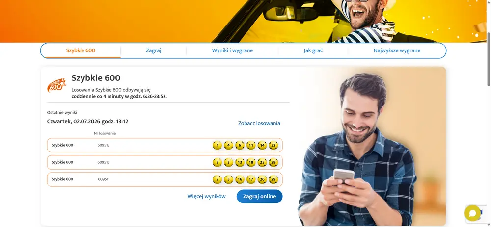 Strona Szybkie 600 w serwisie LOTTO online z wynikami losowań i przyciskiem Zagraj online