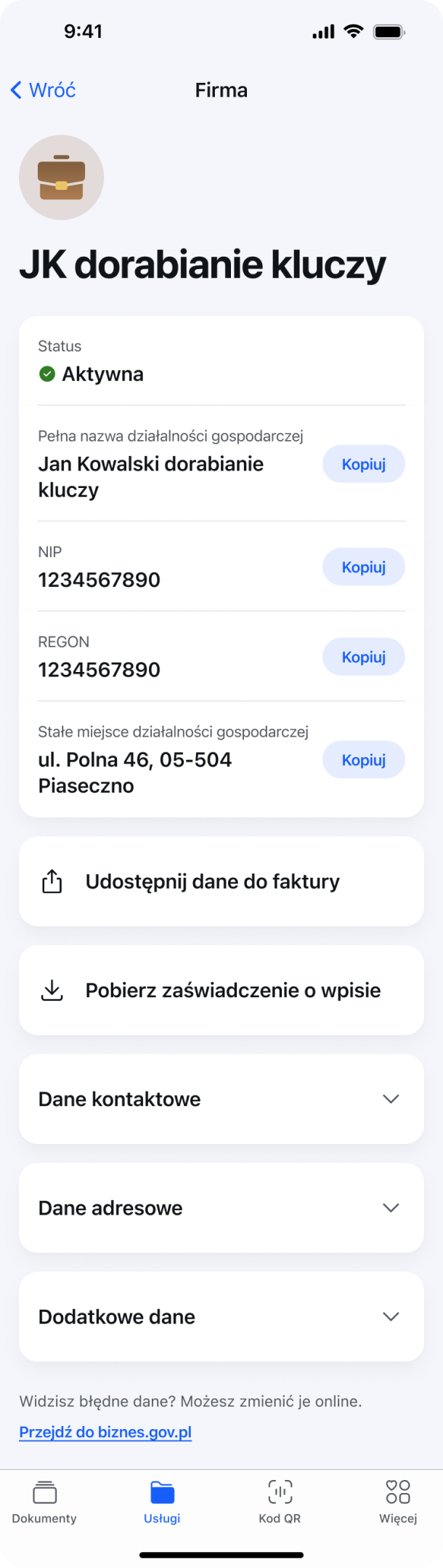 Ekran usługi mObywatel Firma z aktywnym statusem działalności, danymi firmy i opcją pobrania zaświadczenia z CEIDG