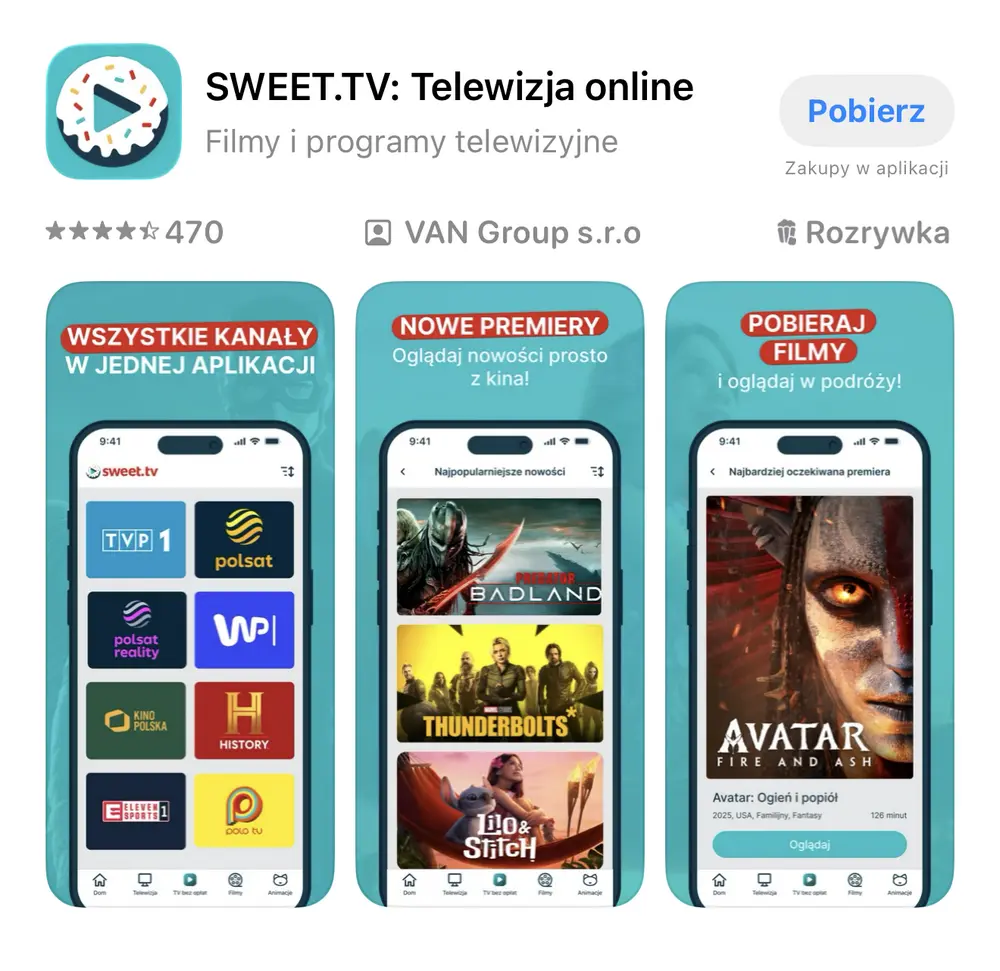 Aplikacja Sweet TV na smartfonie – kanały telewizyjne, filmy VOD