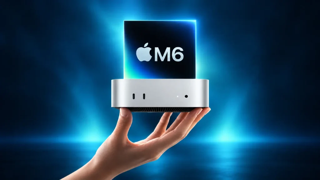 Apple Mac mini M6 z chipem M6 – grafika promująca nowy komputer Apple