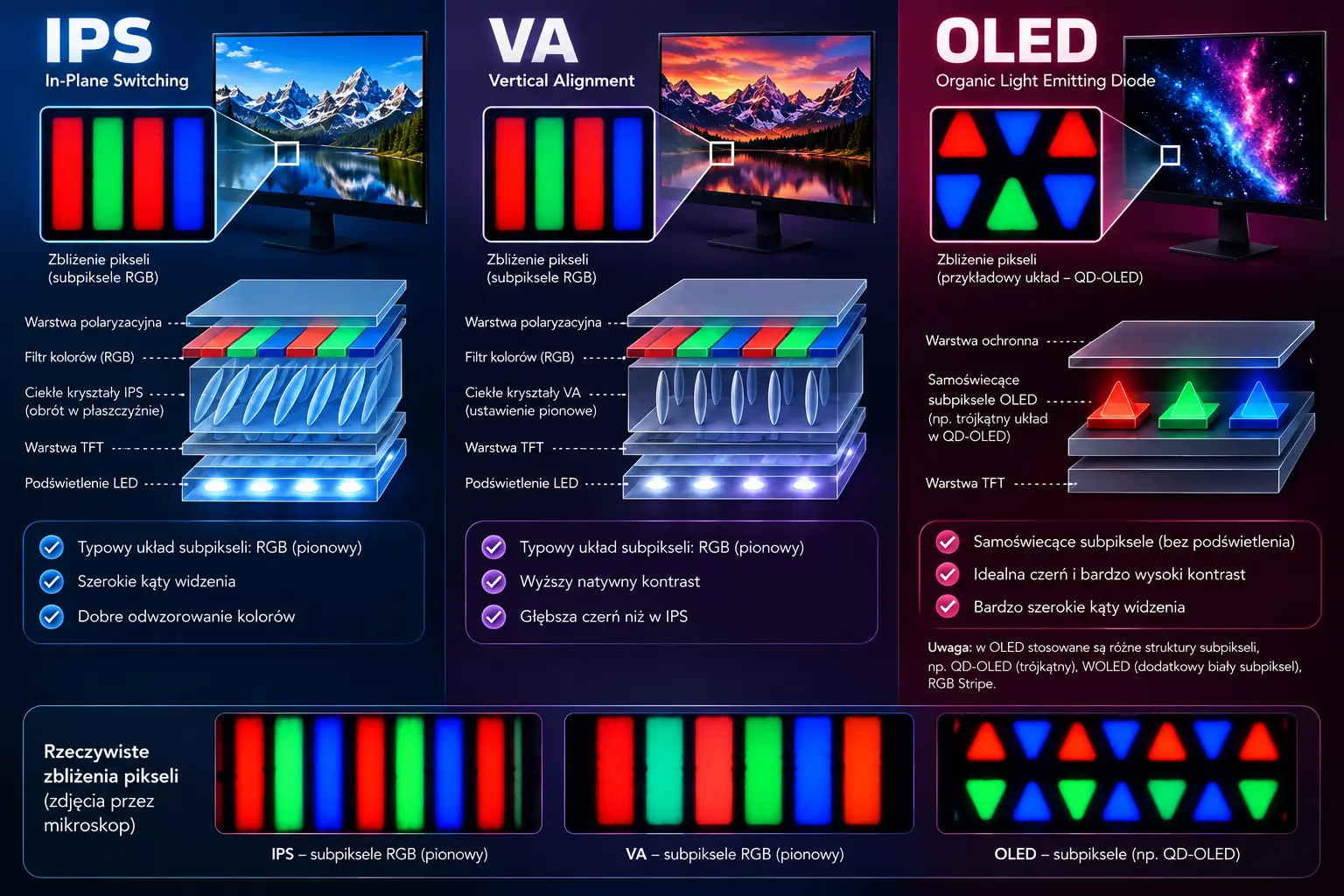 Budowa pikseli w matrycach IPS, VA i OLED – porównanie subpikseli RGB, podświetlenia i warstw ekranu