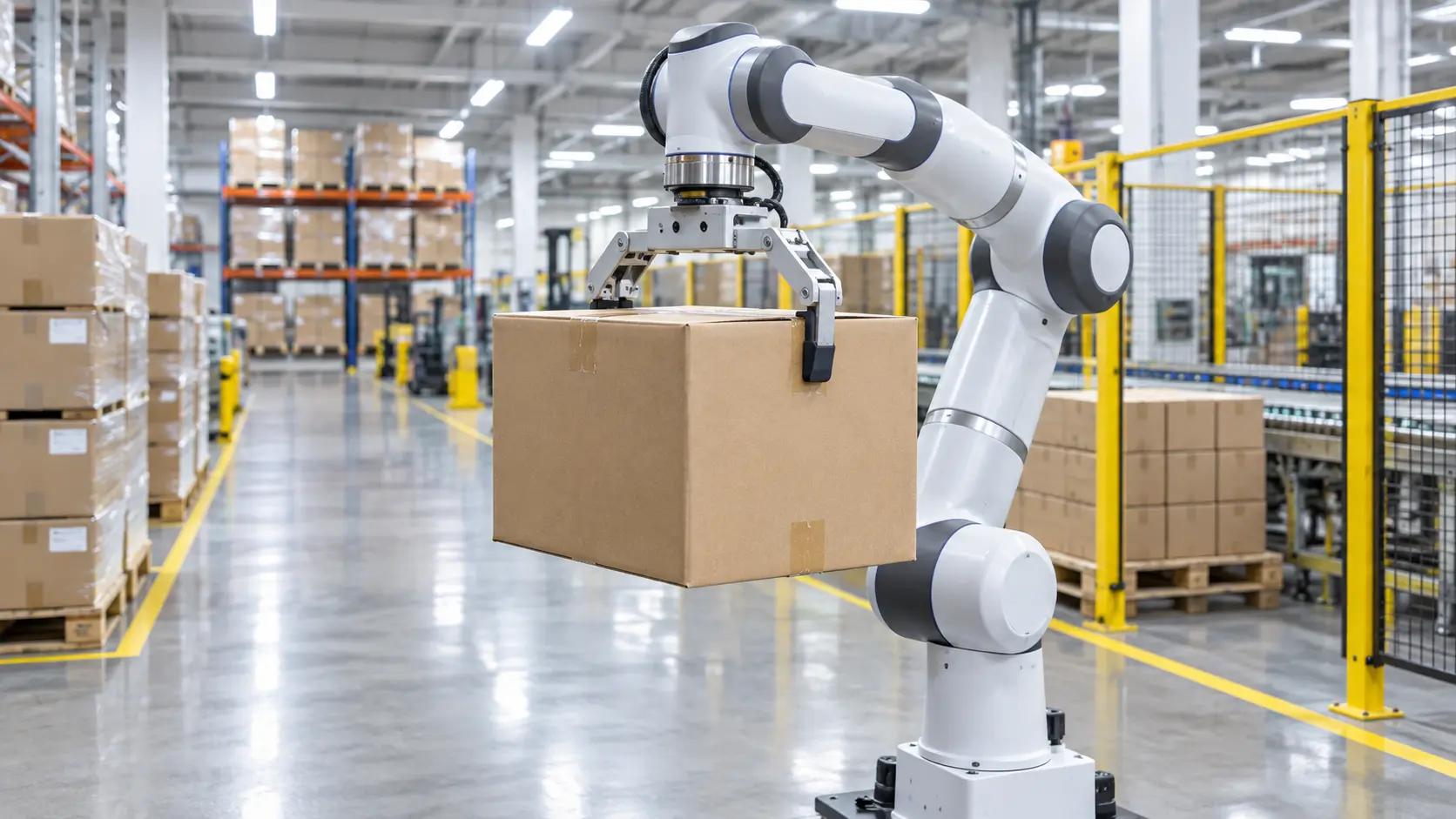Cobot do paletyzacji – robot współpracujący przenoszący karton w zakładzie produkcyjnym