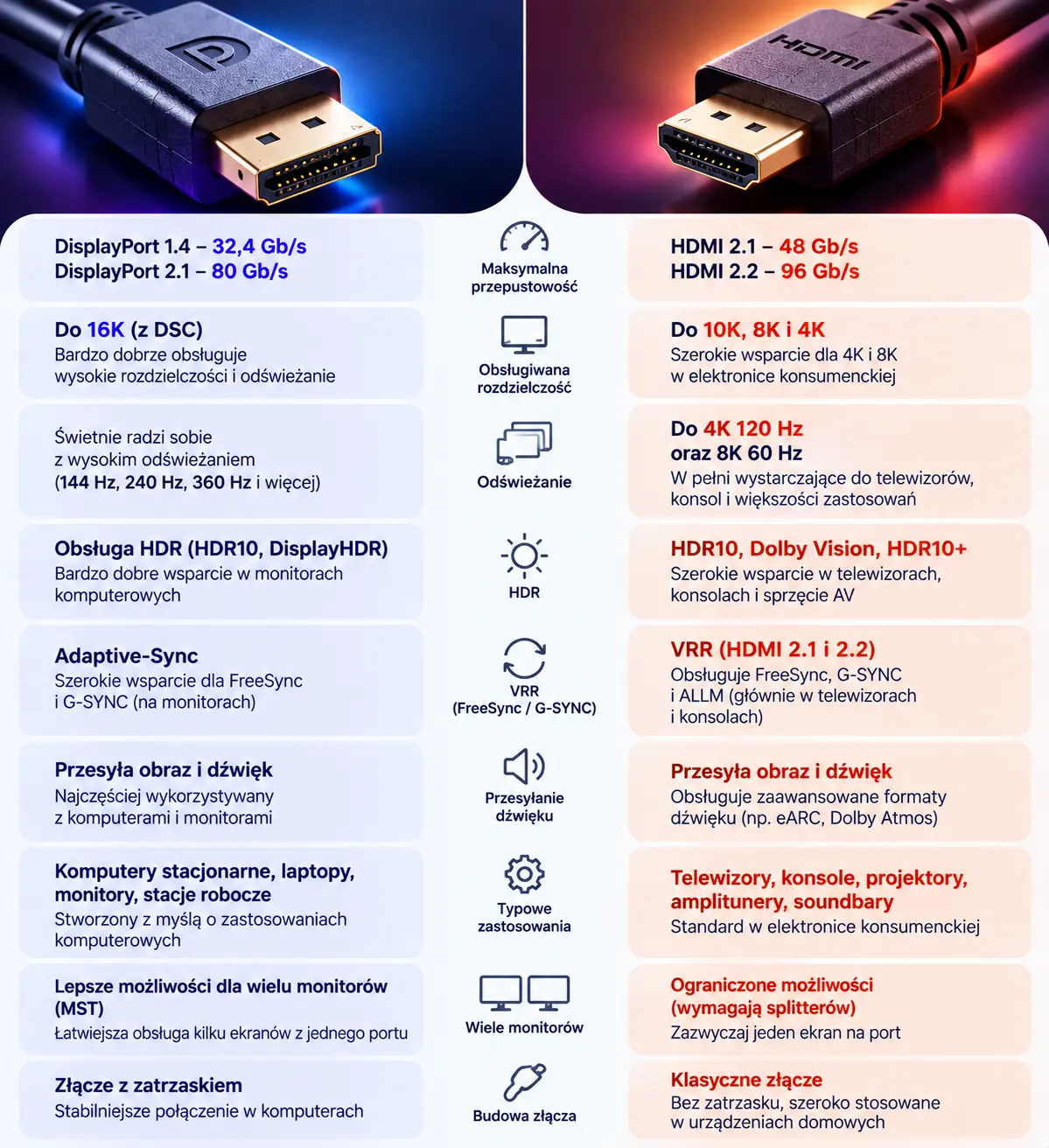DisplayPort czy HDMI – infografika porównująca przepustowość, HDR, VRR, dźwięk i zastosowania obu złączy