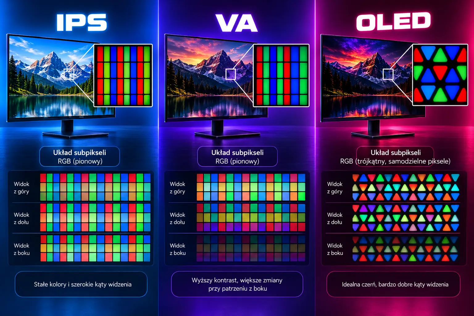 IPS vs VA vs OLED – porównanie kontrastu, czerni i jakości obrazu na trzech monitorach