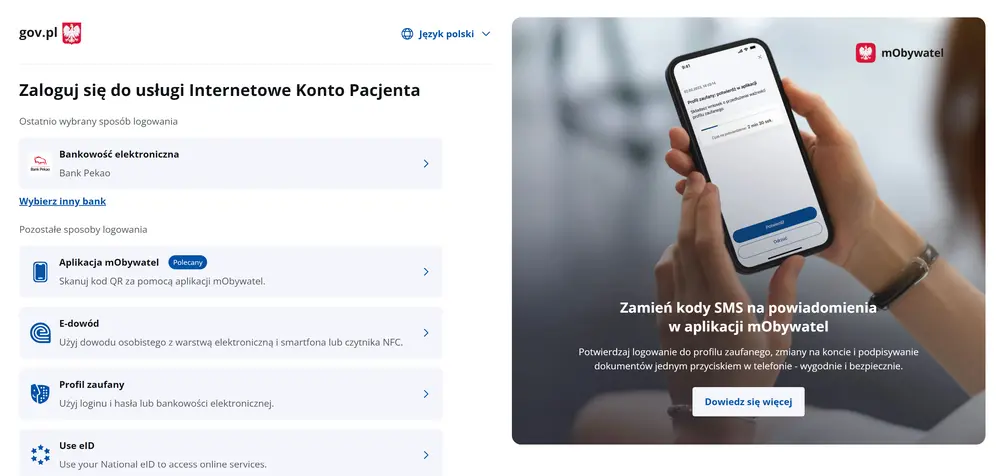 Logowanie do Internetowego Konta Pacjenta przez login.gov.pl – bank, mObywatel, e-dowód i Profil Zaufany
