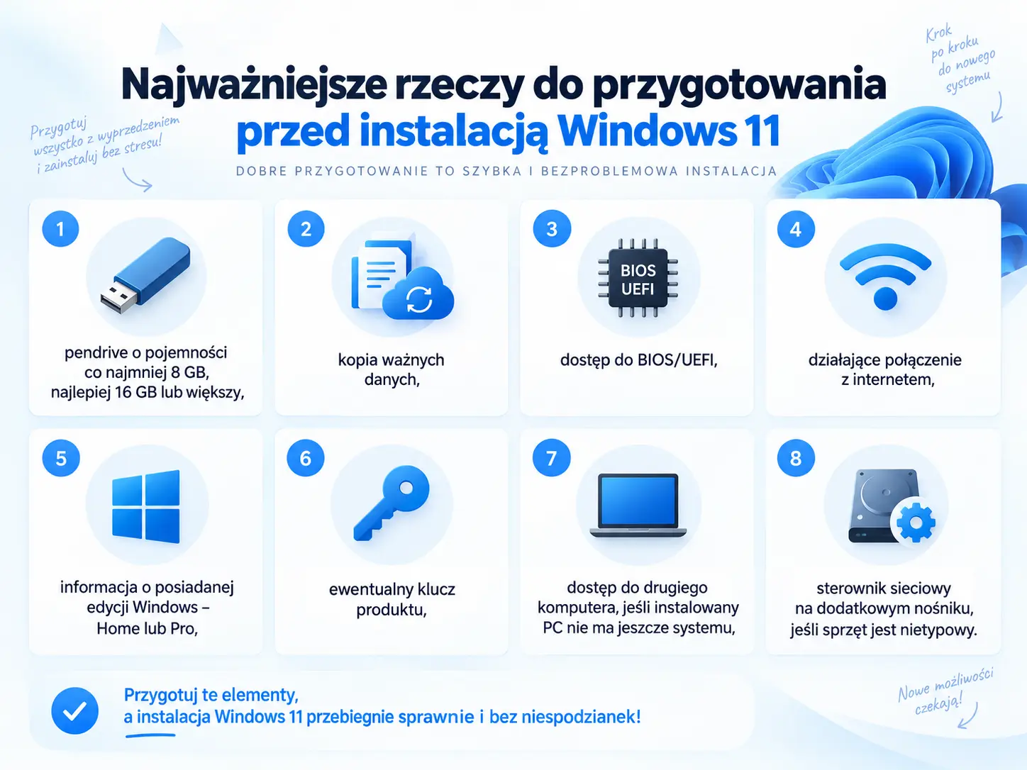 Infografika pokazująca najważniejsze rzeczy do przygotowania przed instalacją Windows 11: pendrive USB, kopię danych, dostęp do BIOS/UEFI, internet, informację o edycji systemu, klucz produktu, drugi komputer i sterownik sieciowy.