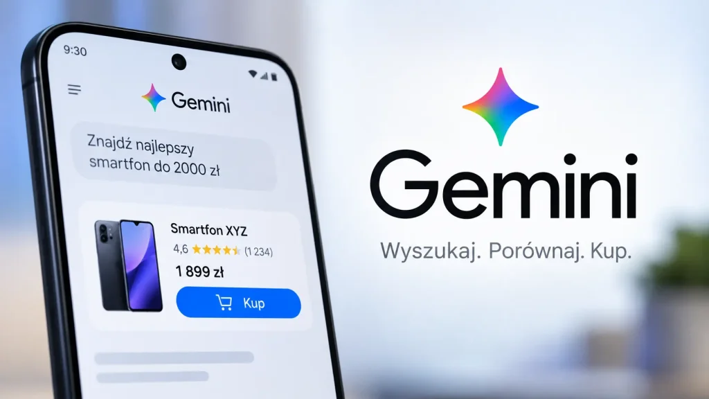 Zakupy w Google Gemini – smartfon z przyciskiem „Kup” i rekomendacją produktu w AI