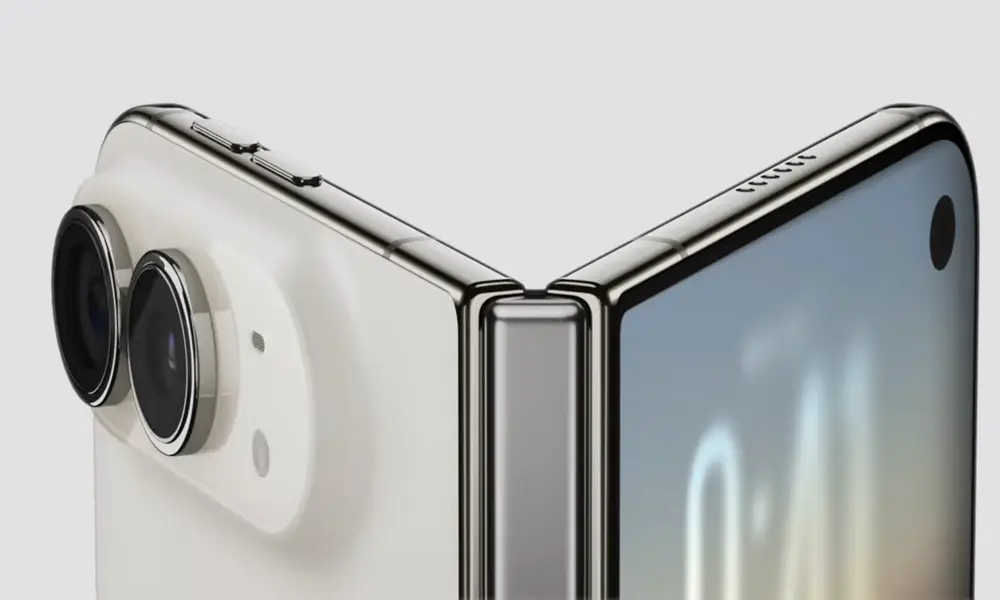 iPhone Duo – zbliżenie na zawias, składany ekran i podwójny aparat 48 MP | Źródło: Apple