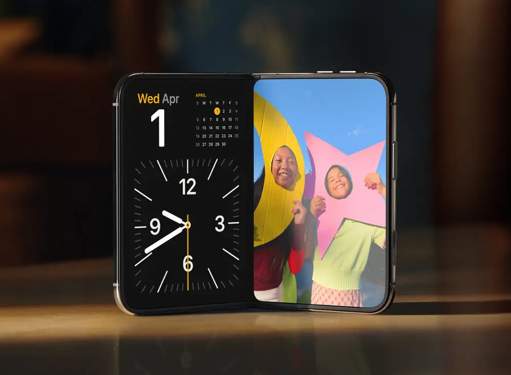 iPhone Duo w trybie Flex – składany ekran podzielony na zegar i podgląd zdjęcia
