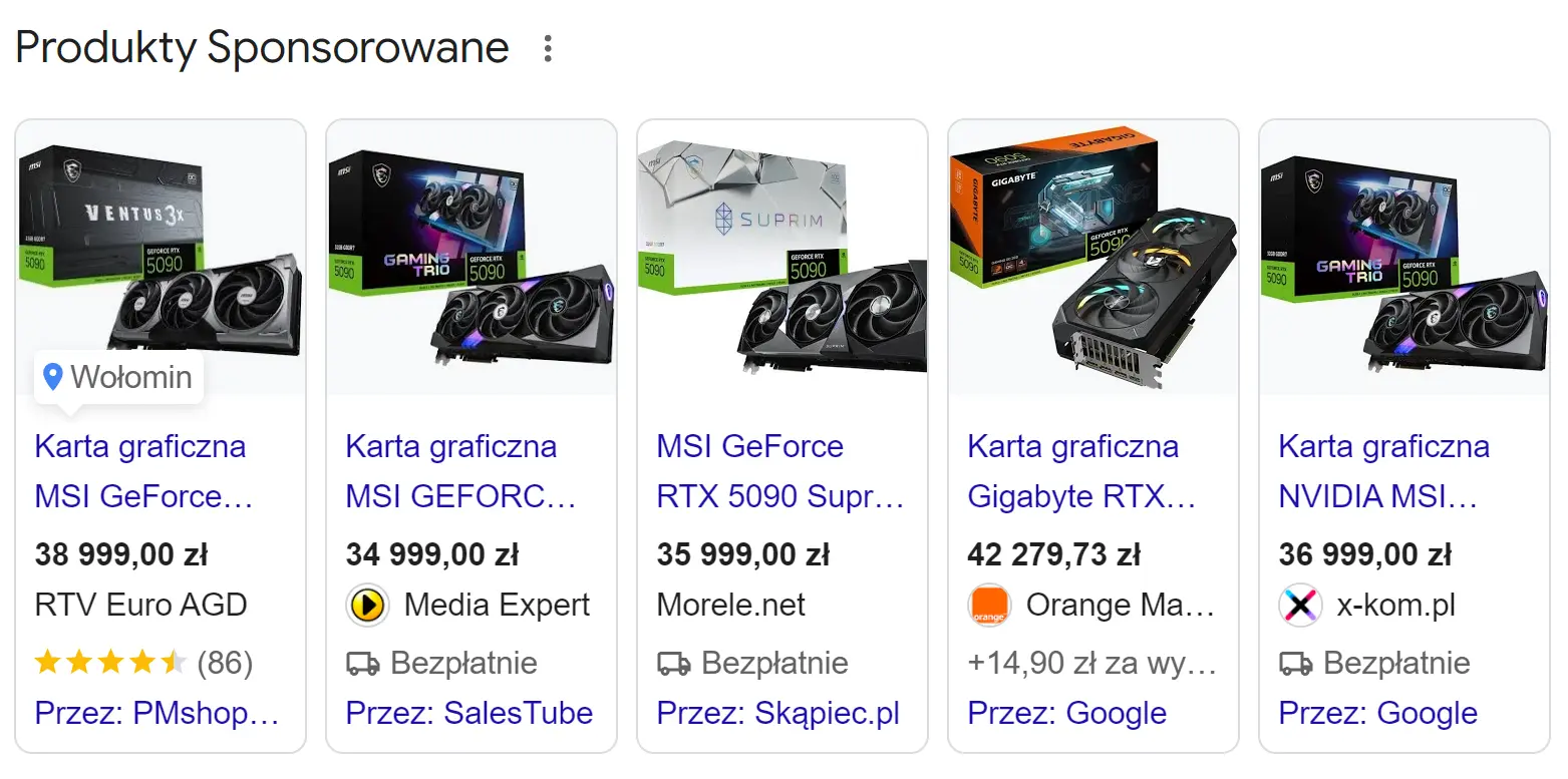 Aktualne ceny kart GeForce RTX 5090 w polskich sklepach – oferty od około 35 do ponad 42 tys. złŹródło: Google / zrzut ekranu