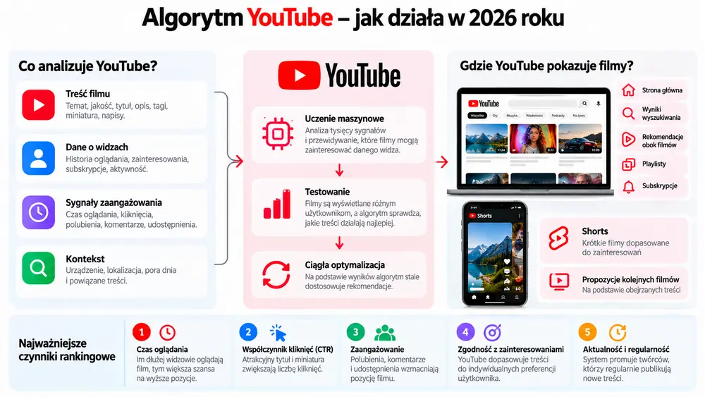 Algorytm YouTube w 2026 roku – schemat pokazujący analizowane sygnały, proces rekomendacji i najważniejsze czynniki rankingowe