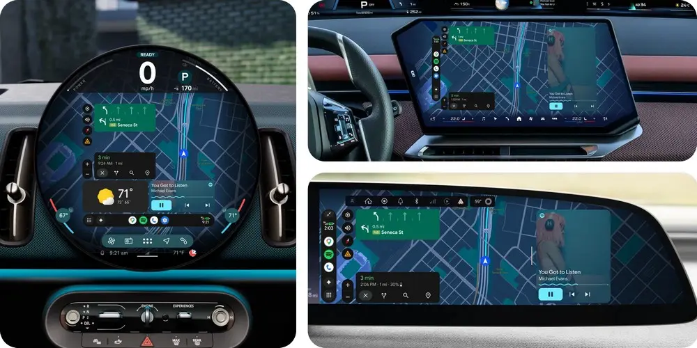 Android Auto 18 Beta z interfejsem Cielo na ekranach samochodów o różnych formatach. Źródło: Google / Android Auto.