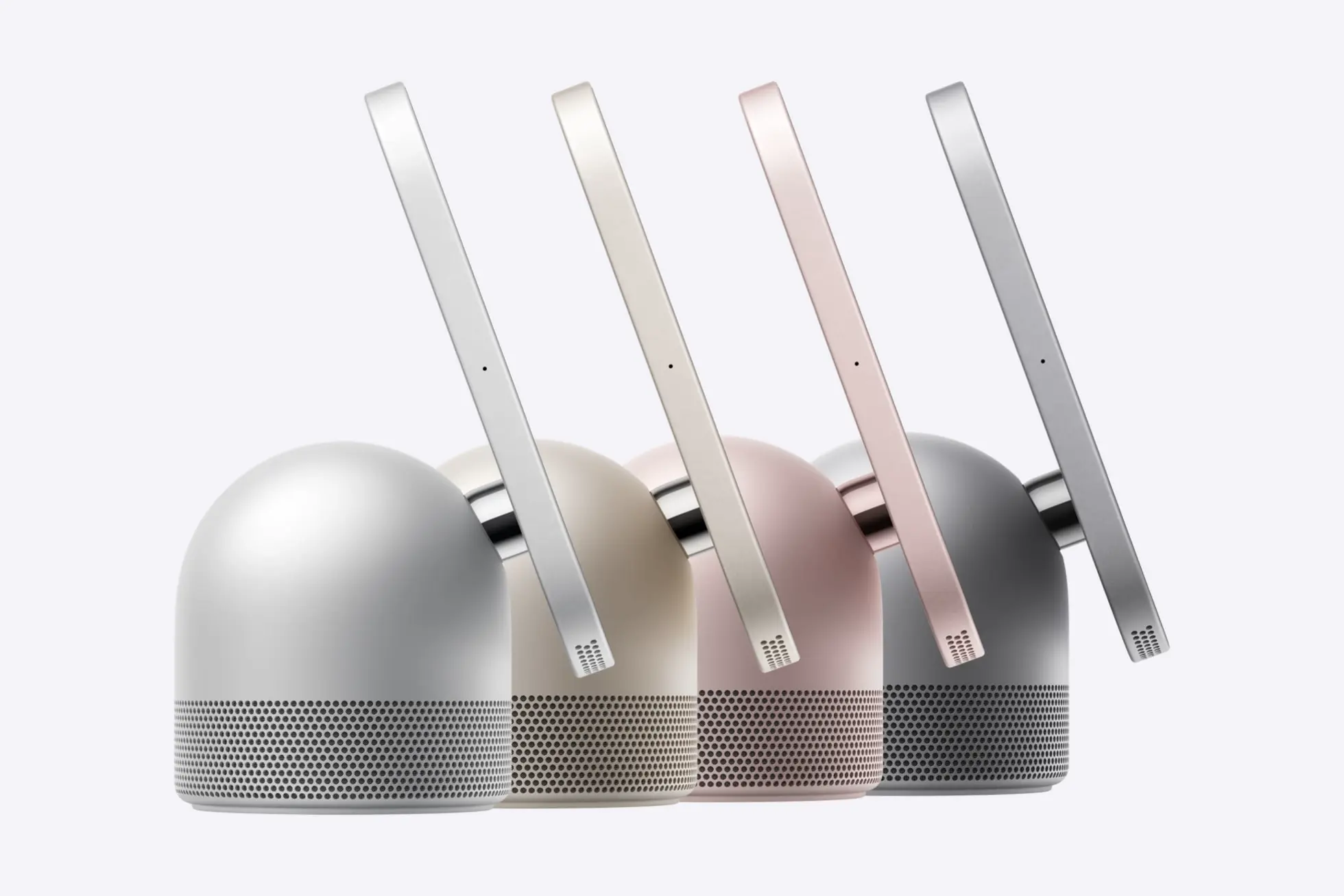 Apple HomeView w czterech wersjach kolorystycznych pokazany z boku wraz z podstawą głośnikowąŹródło: Apple