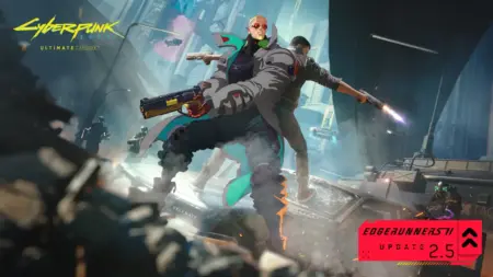 Cyberpunk 2077 Edgerunners 2 Update 2.5 z bohaterami na tle Night City i grafiką promującą aktualizację. Źródło: CD Projekt RED / Cyberpunk.net
