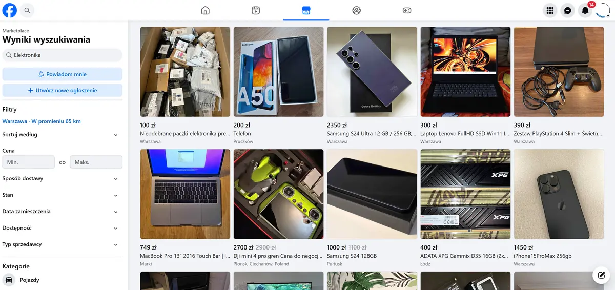 Facebook Marketplace – wyniki wyszukiwania ofert elektroniki z filtrami ceny, lokalizacji i stanu produktuŹródło: zrzut ekranu z Facebook.com
