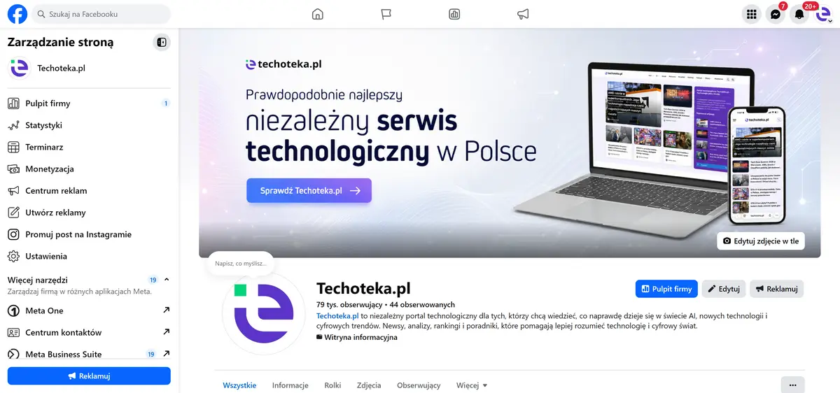 Facebook na komputerze – widok strony Techoteka.pl w przeglądarkowej wersji serwisuŹródło: zrzut ekranu z Facebook.com