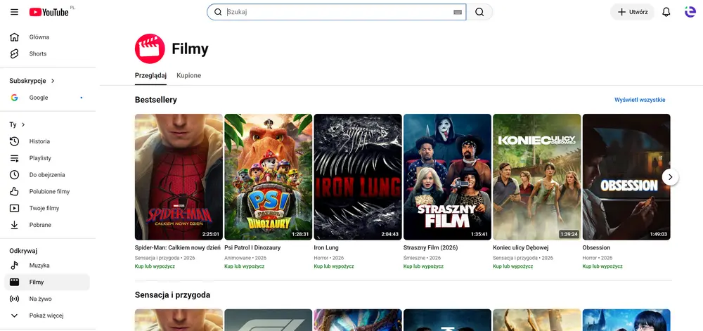 Filmy na YouTube – sekcja z płatnymi filmami do kupienia lub wypożyczenia w serwisieŹródło: zrzut ekranu z YouTube.com