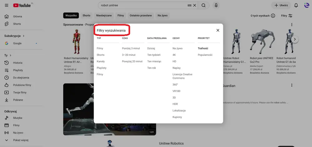 Filtry wyszukiwania na YouTube – wybór typu treści, czasu trwania, daty przesłania, jakości i innych opcjiŹródło: zrzut ekranu z YouTube.com