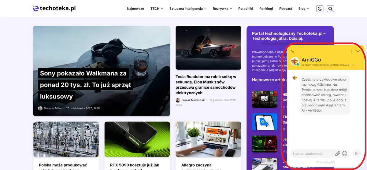GGchat na stronie Techoteka.pl – przykład okna czatu Gadu-Gadu z Asystentem AI