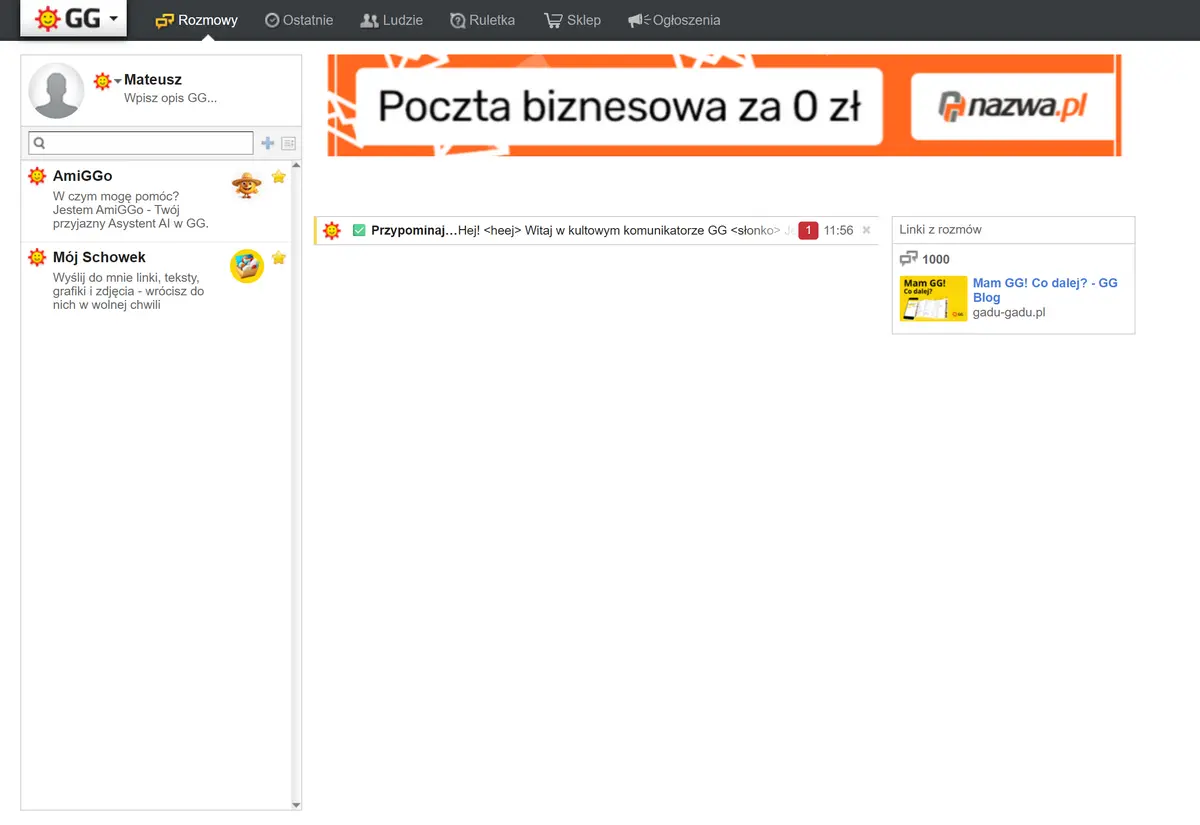 Gadu-Gadu Web – interfejs komunikatora GG w przeglądarce z listą kontaktów i rozmowami. Źródło: zrzut ekranu z GG.pl