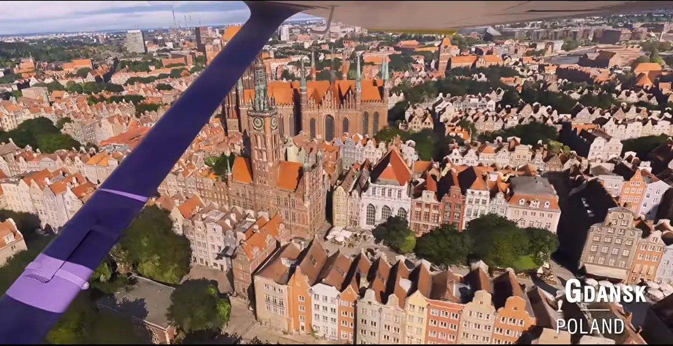 Gdańsk w Microsoft Flight Simulator 2024 z Bazyliką Mariacką i zabudową Głównego Miasta po aktualizacji World Update 23.Źródło: Microsoft Flight Simulator