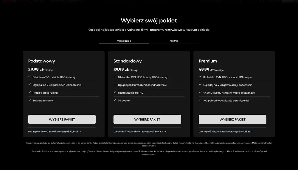 HBO Max – ceny pakietów Podstawowy, Standardowy i Premium w Polsce. Źródło: HBO Max