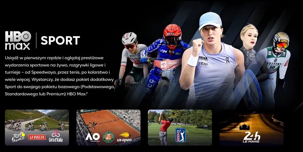 HBO Max Sport – transmisje sportowe, tenis, kolarstwo, speedway i sporty motorowe. Źródło: HBO Max