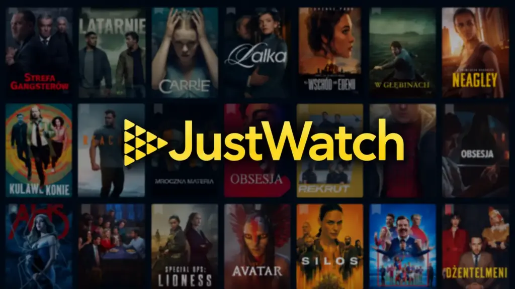Logo JustWatch na tle katalogu filmów i seriali w interfejsie platformy VOD