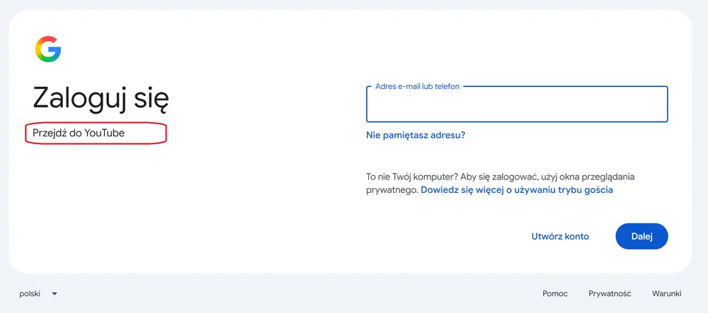 Logowanie do YouTube przez konto Google – formularz z adresem e-mail lub numerem telefonuŹródło: zrzut ekranu z accounts.google.com / YouTube