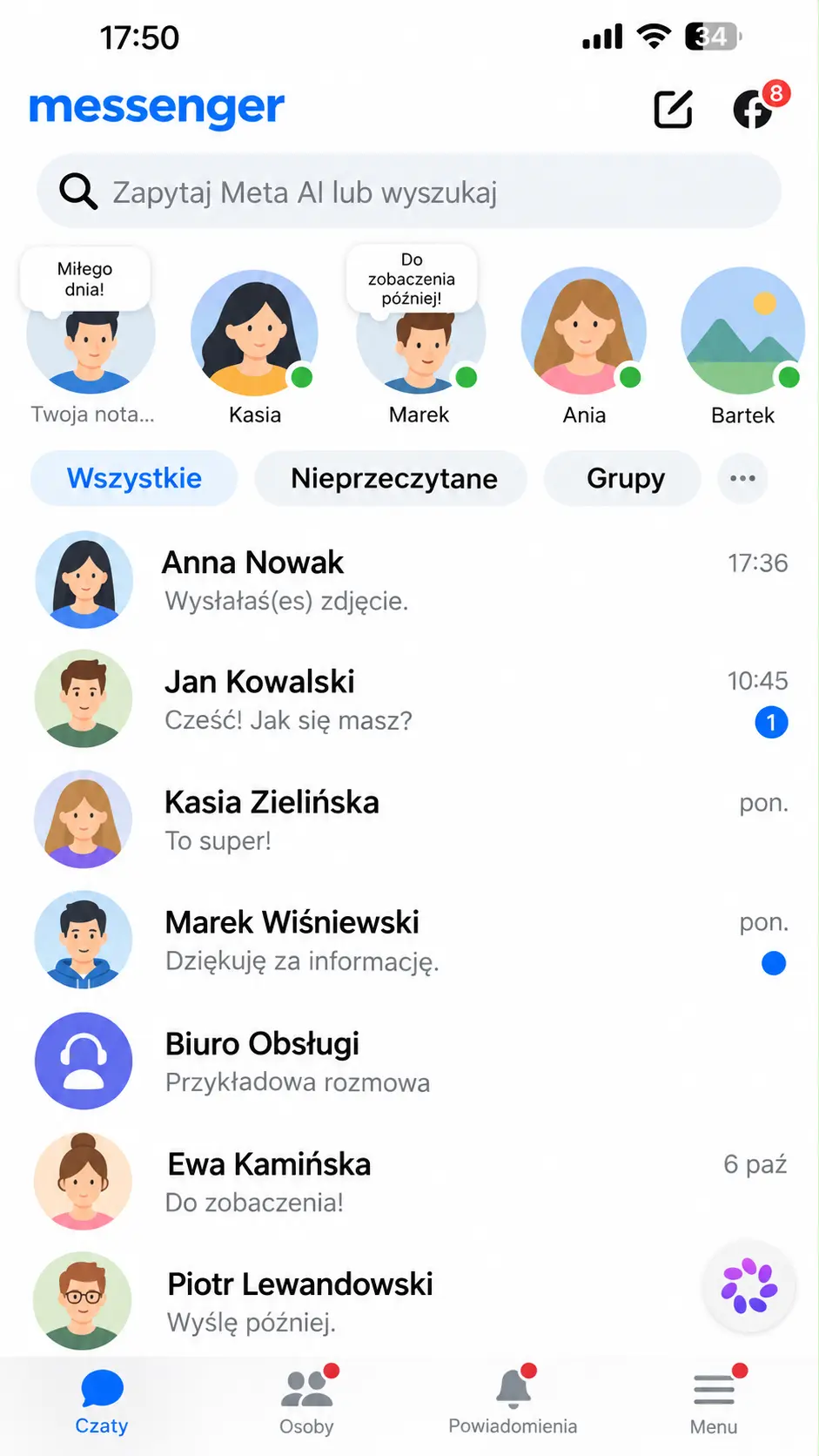 Messenger na Facebooku – przykładowy widok listy czatów z fikcyjnymi kontaktami i wiadomościami
