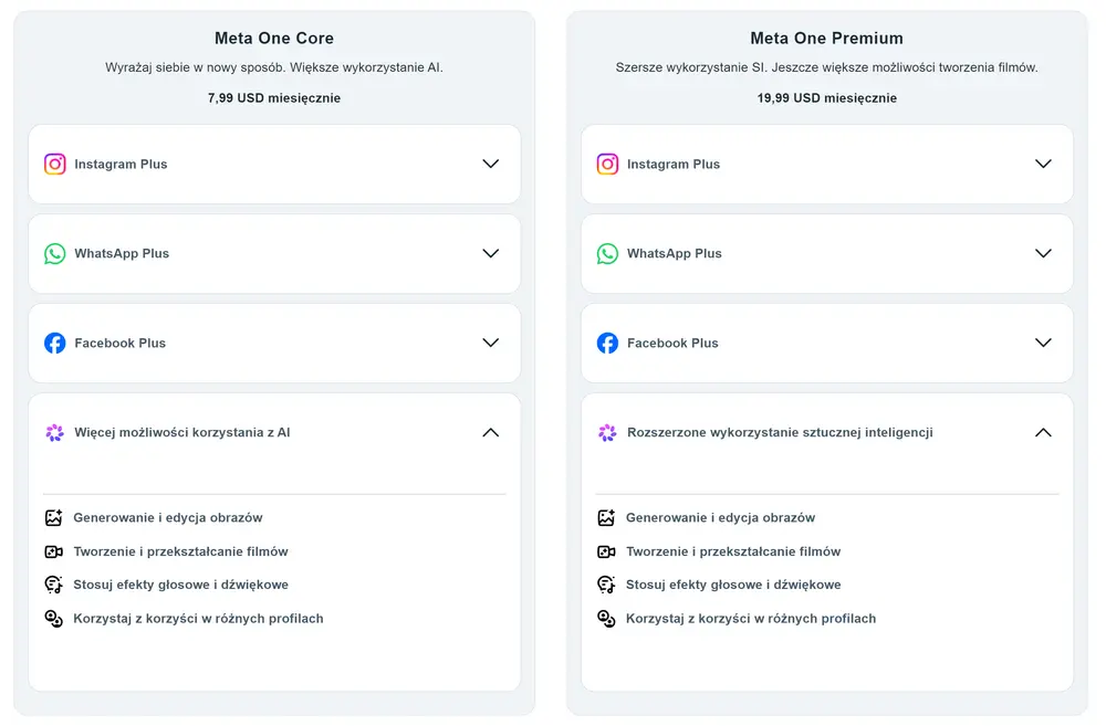 Meta One Core i Premium – porównanie płatnych pakietów z Facebook Plus, Instagram Plus, WhatsApp Plus i dodatkowymi funkcjami AIŹródło: zrzut ekranu z Meta.com