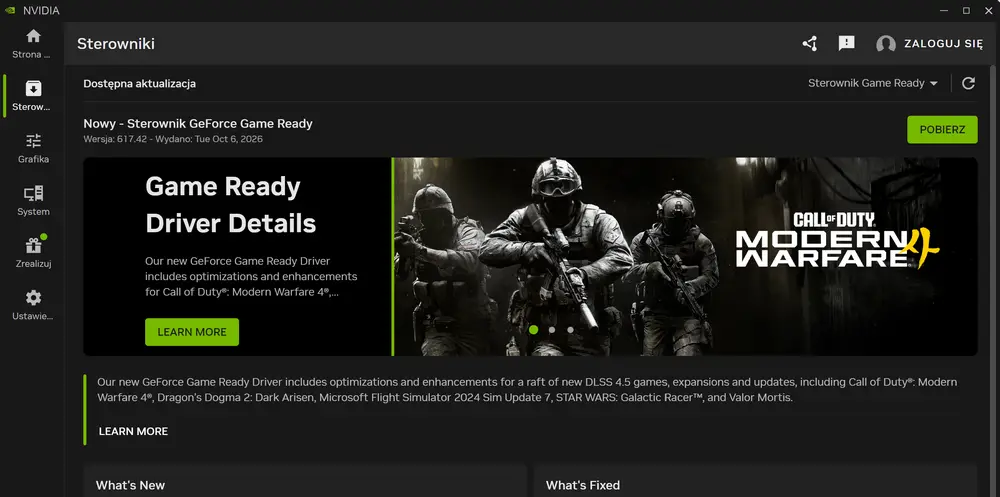 NVIDIA App – aktualizacja sterownika GeForce Game Ready dla karty graficznej NVIDIA