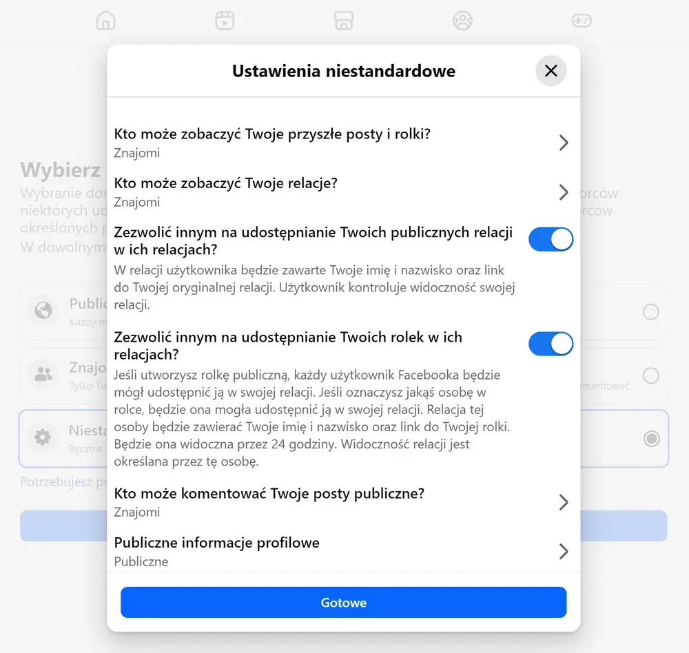 Niestandardowe ustawienia odbiorców na Facebooku – widoczność postów, relacji, rolek i komentarzy Źródło: zrzut ekranu z Facebook.com