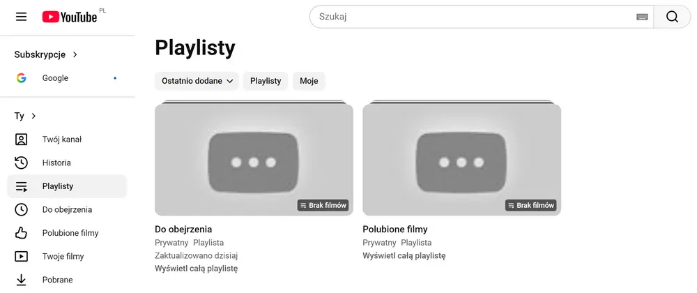 Playlisty na YouTube – sekcja z zapisanymi listami „Do obejrzenia” i „Polubione filmy”Źródło: zrzut ekranu z YouTube.com