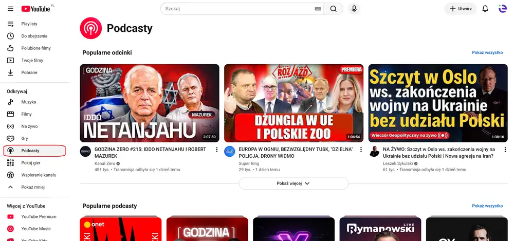 Podcasty na YouTube – sekcja z popularnymi odcinkami i podcastami w serwisieŹródło: zrzut ekranu z YouTube.com
