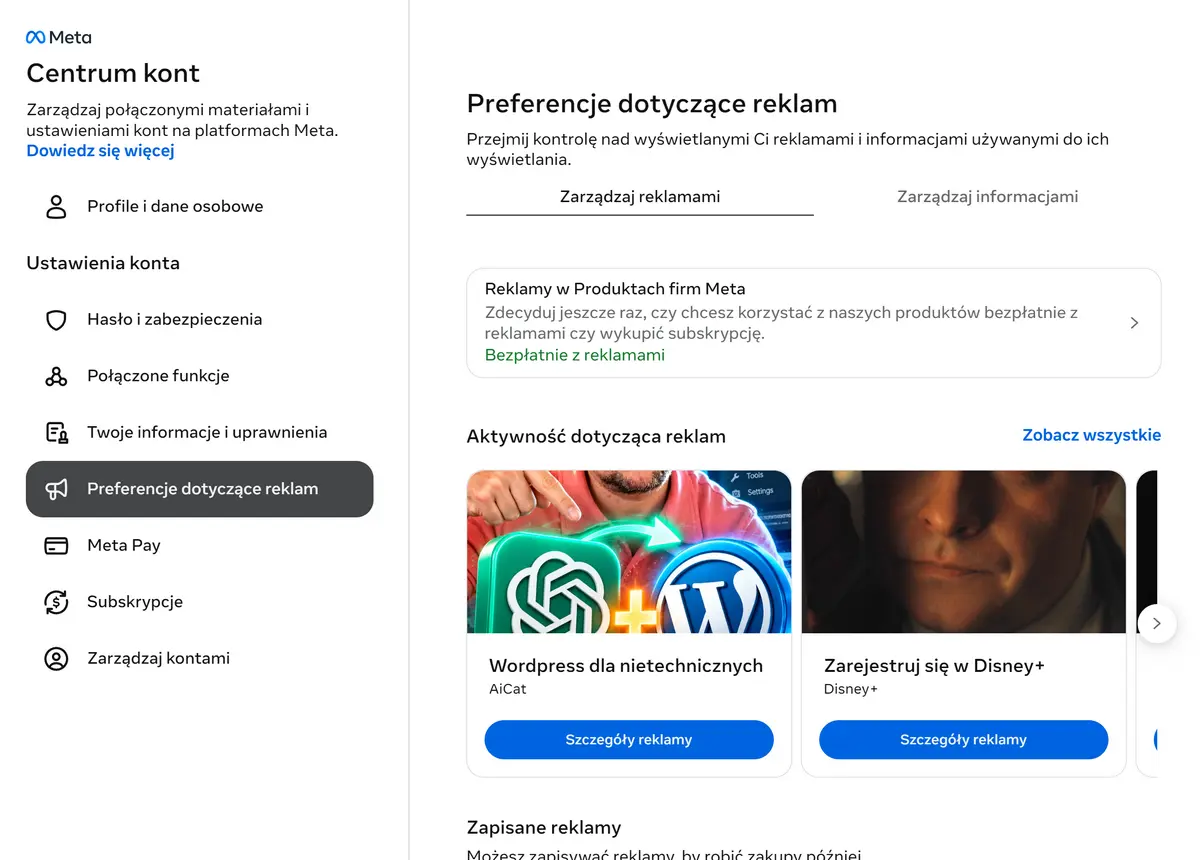 Preferencje dotyczące reklam na Facebooku – ustawienia reklam i informacji używanych przez Meta w Centrum kontŹródło: zrzut ekranu z Facebook.com