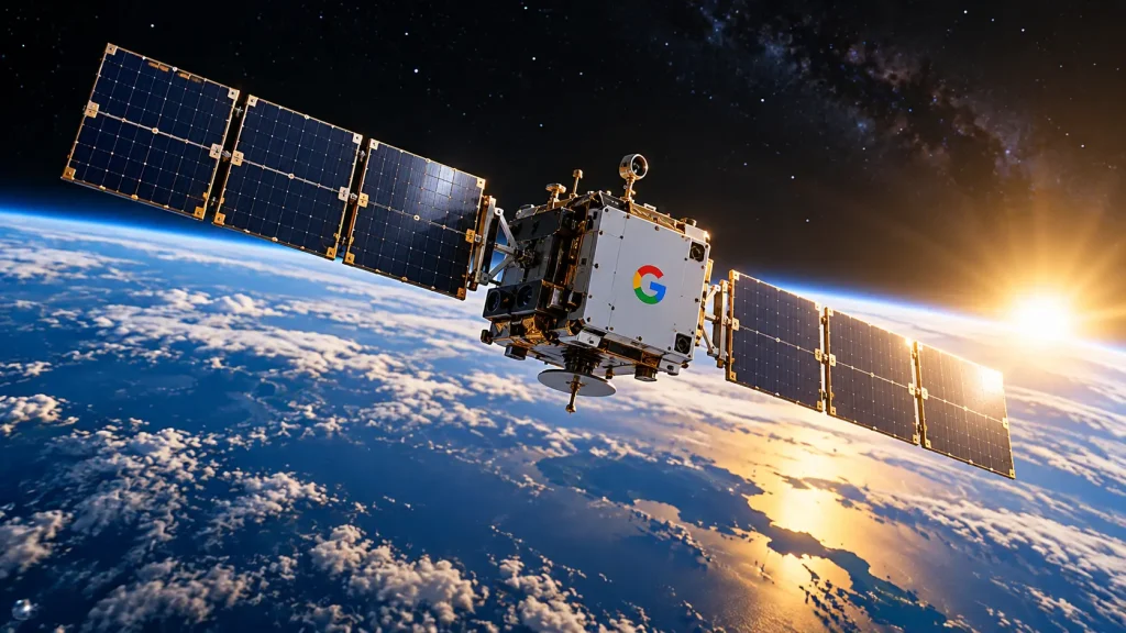 Project Suncatcher – satelita Google z panelami słonecznymi na orbicie nad Ziemią. Źródło: opracowanie własne AI.