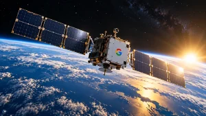 Project Suncatcher – satelita Google z panelami słonecznymi na orbicie nad Ziemią. Źródło: opracowanie własne AI.