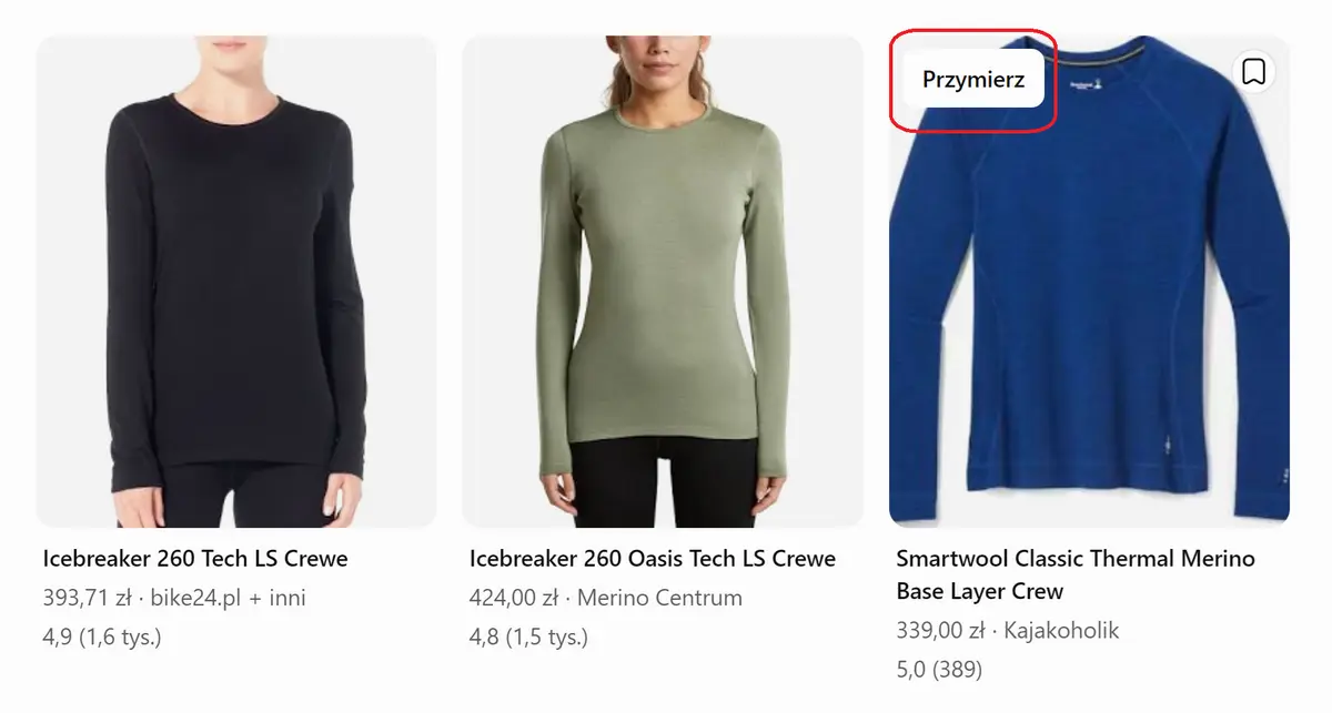 Przycisk „Przymierz” przy produkcie w wynikach zakupowych ChatGPT – wirtualna przymierzalnia ubrań w polskiej wersji. Źródło: zrzut ekranu ChatGPT / opracowanie własne.