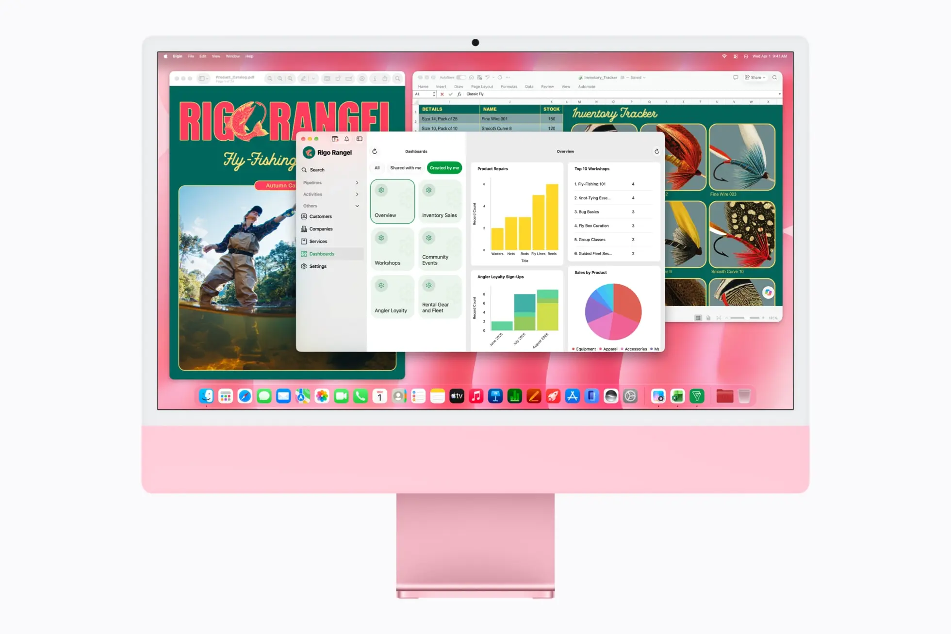 Różowy Apple iMac M6 z aplikacjami biznesowymi i Microsoft Excel na ekranie. Źródło: Apple