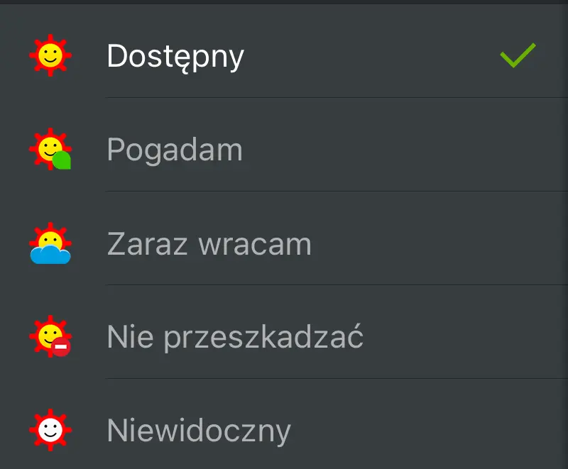 Statusy w Gadu-Gadu – Dostępny, Pogadam, Zaraz wracam, Nie przeszkadzać i Niewidoczny. Źródło: zrzut ekranu z aplikacji GG