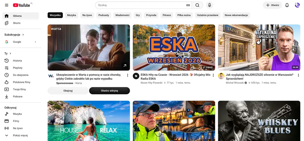 Strona główna YouTube – rekomendowane filmy, kategorie, subskrypcje i menu serwisuŹródło: zrzut ekranu z YouTube.com