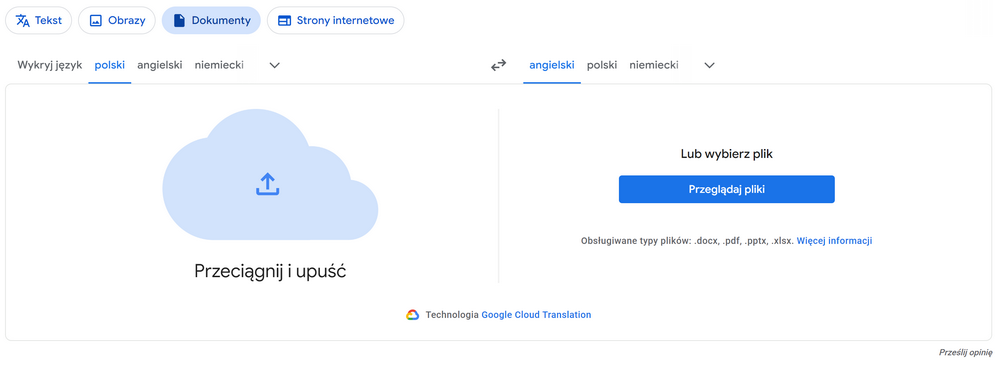 Tłumacz Google – przesyłanie dokumentów DOCX, PDF, PPTX i XLSX do automatycznego tłumaczenia