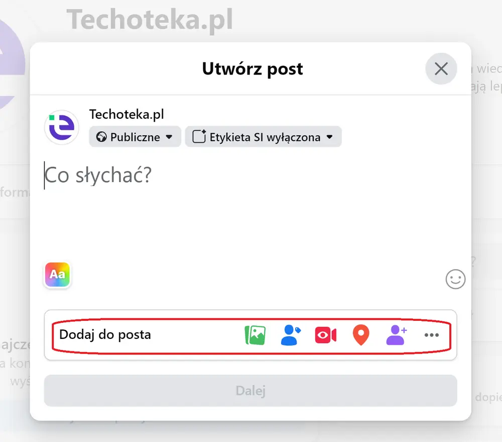worzenie posta na Facebooku – okno publikacji tekstu, zdjęć, filmów i innych treściŹródło: zrzut ekranu z Facebook.com