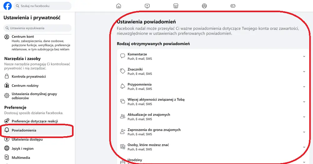 Ustawienia powiadomień na Facebooku – wybór alertów o komentarzach, znacznikach, przypomnieniach i aktywności znajomychŹródło: zrzut ekranu z Facebook.com