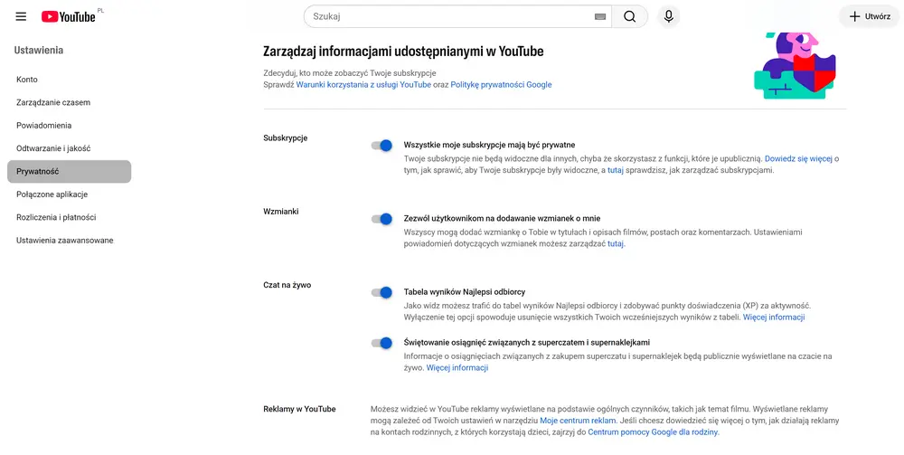 Ustawienia prywatności YouTube – zarządzanie subskrypcjami, wzmiankami, czatem na żywo i reklamamiŹródło: zrzut ekranu z YouTube.com