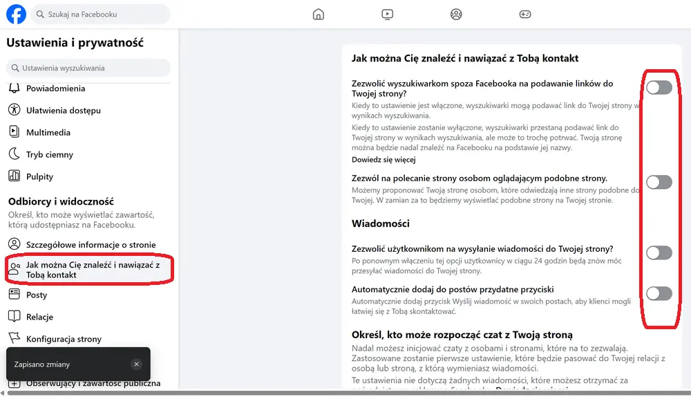 Ustawienia prywatności na Facebooku – opcje wyszukiwania profilu, kontaktu i widoczności stronyŹródło: zrzut ekranu z Facebook.com