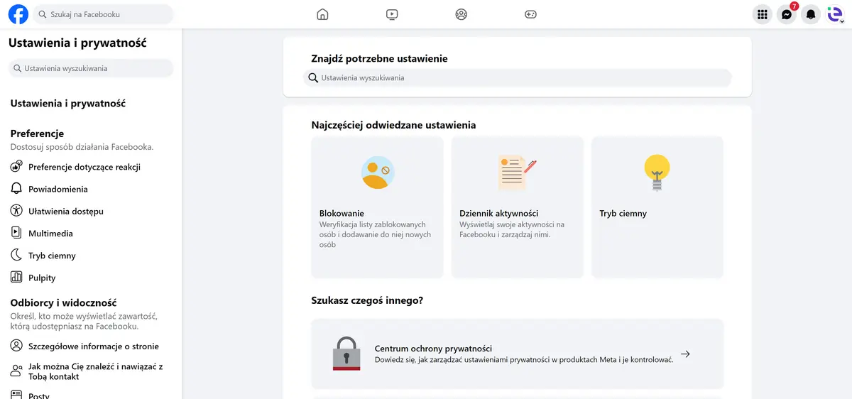Ustawienia prywatności na Facebooku – panel odbiorców, widoczności, blokowania i dziennika aktywnościŹródło: zrzut ekranu z Facebook.com